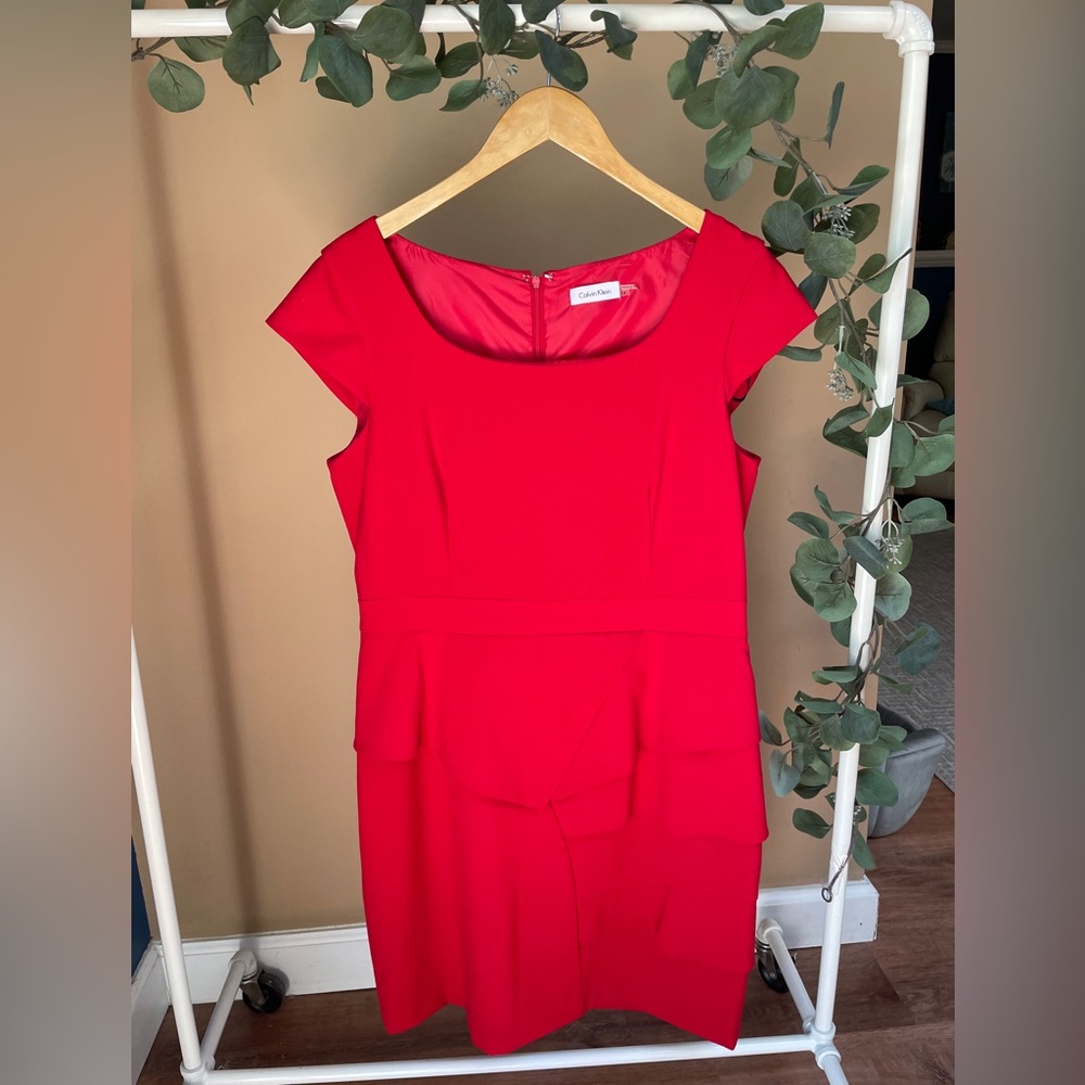 Calvin Klein women’s dress cap sleeve tiered peplum red size 14 career‎ cocktail